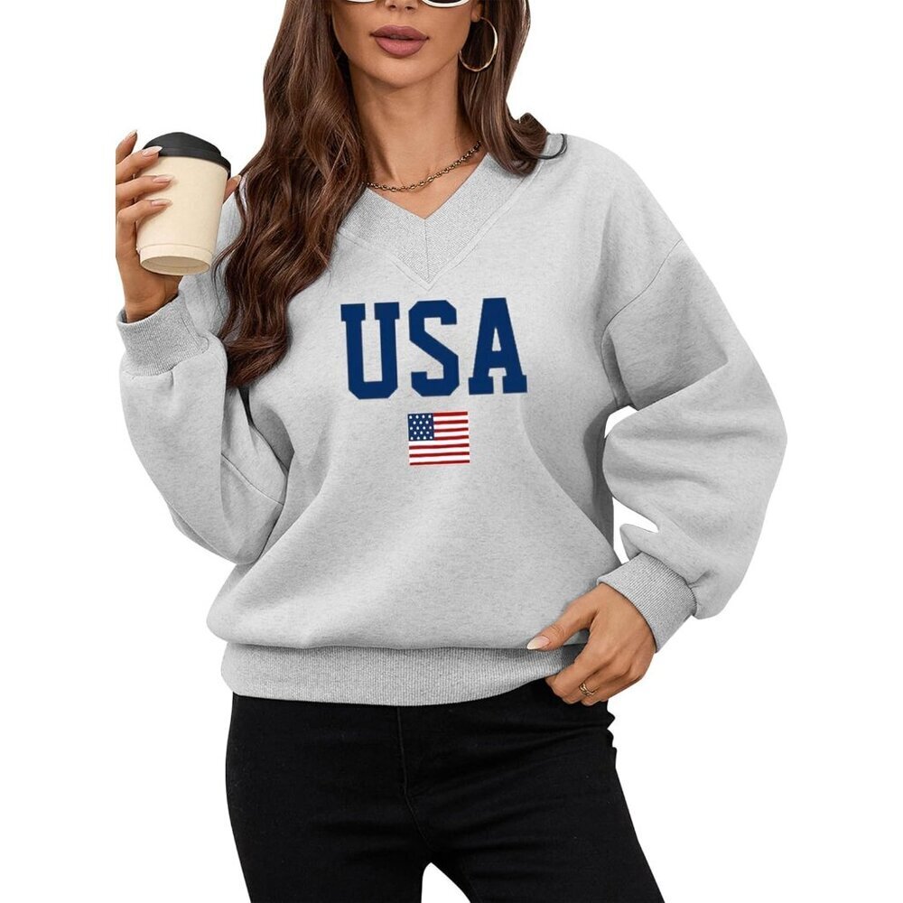 Women Graphic V Neck Sweatshirt Large USA Flag Long Sleeve Pullover - Picture 6 of 7